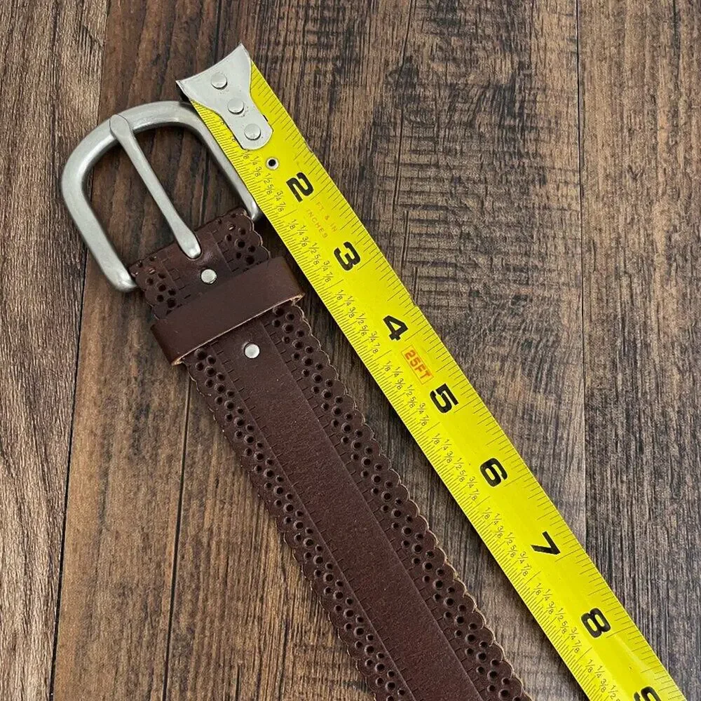 Laser Cut Belt Scallop Edge Solid Brass Buckle Bonded Leather Size Medium Brown